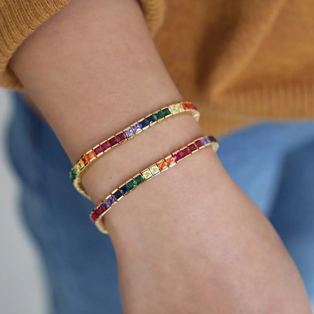 Promotion New arrived rainbow cz paved bridge bracelet bangle for women lady wedding tennis bracelet with colorful cz stone