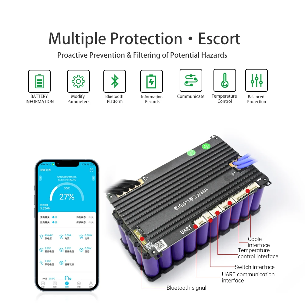 JiaBaiDa 150A 200A LFP NMC Smart BMS 6S 7S 8S 10S 12S 13S 14S 15S 16S 20S 21S 24V 36V 48V 60V для литиевой батареи упаковка