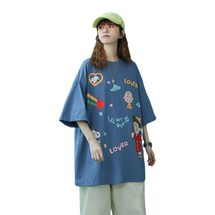 
VANWO 2021 summer new couples short sleeve T shirt male cartoon pattern trend Korean version loose cotton base shirt 