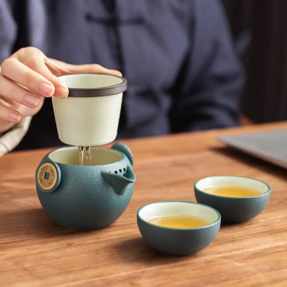 Chinese travel tea set ceramic teapot one pot two cups portable outdoor treasure pottery tea cup set