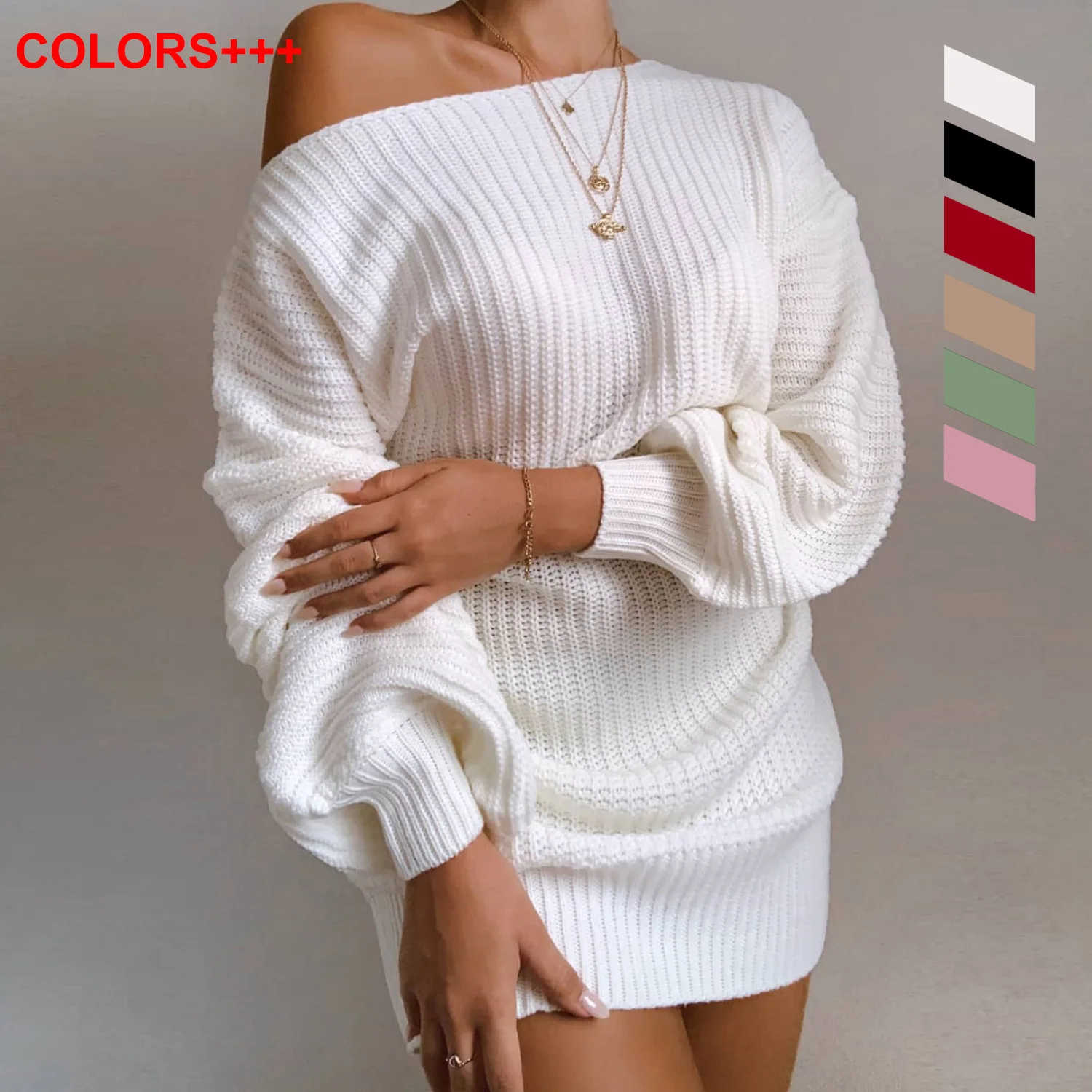 Winter Sweater Knit Dress Autumn Casual Off-the-shoulder Slash Neck Lantern Sleeve Sweater Dress