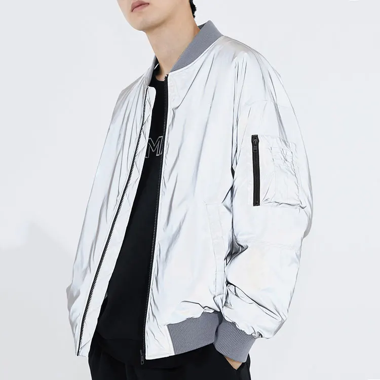 Fashionable High quality 3M brand reflective bomber jacket Silver grey reflective windbreaker jacket for Men