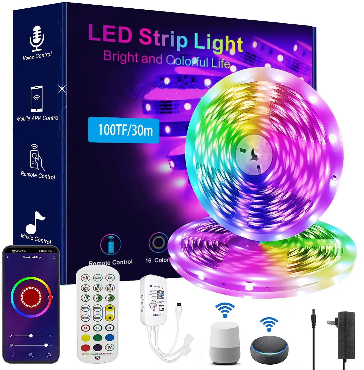 Nexillumi 50 Foot LED Strip Lights With Remote Music Sync LED Lights for Bedroom Color Changing SMD5050 RGB LED Strip Lights