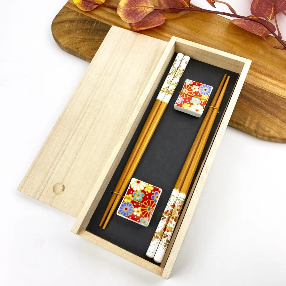 Japanese Style Party Wedding Gift Sushi Chop Sticks Wooden Box Chopsticks Set With Ceramic Rest