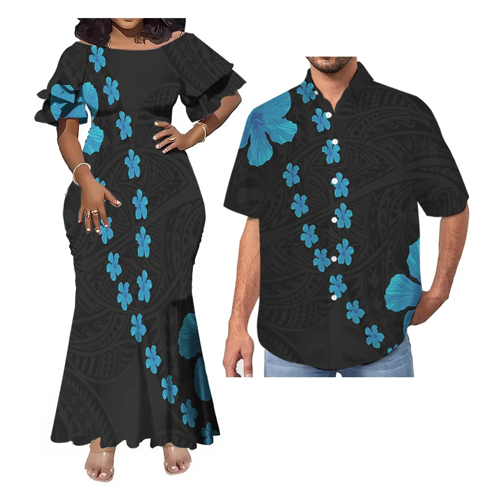 Wholesale Best Seller Polynesian Elei Tribal Design Custom Couple Clothes Mens Shirts Woman Double Cuff Fishtail Dress