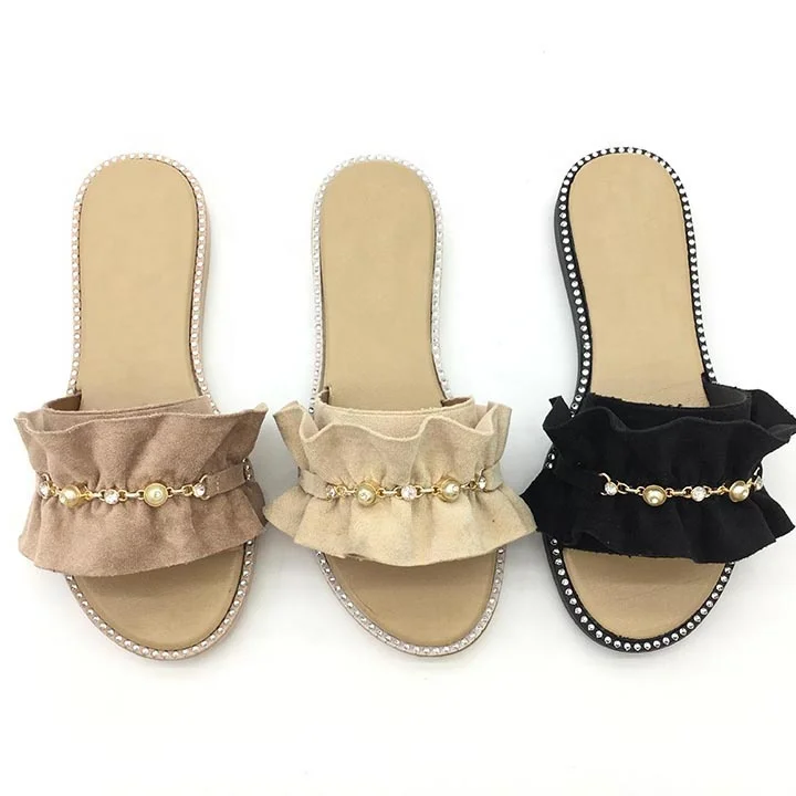 Italian Popular Design Khaki Color Style Thin Sole Frill Lint Decoration Slides Slippers  with Pearl Chain