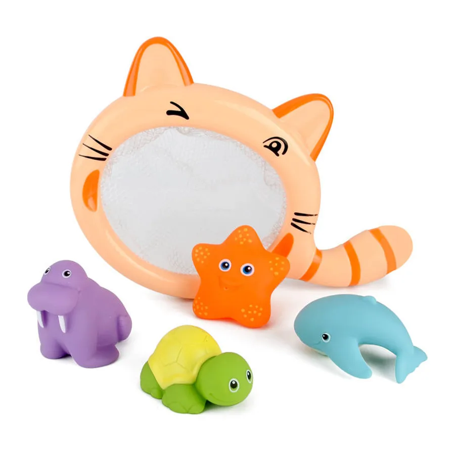 5pcs Set Baby Bath Toys Fishing Net Rubber Duck Marine Animal Tub Toys for Kid