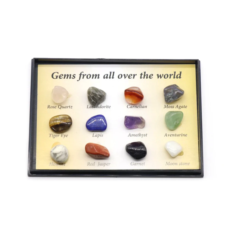 High quality 12 kinds of crystal agate specimens boxed polished quartz ore teaching samples for gifts