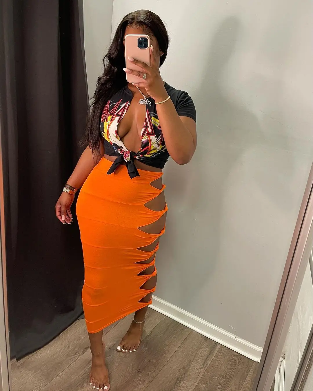 Street sexy solid color knotted and ripped stitching female long skirt