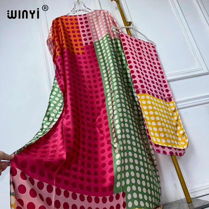 WINYI muslim african dresses for woman dubai abaya Crew Neck Wave dot print Kaftan Dress, Elegant Maxi Length Dress, maxi dress