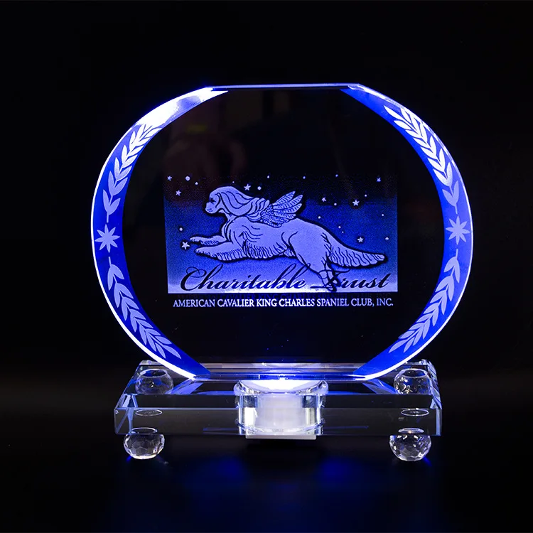 Wholesale custom business gift k9 clear glass crystal craft 3d laser engraved  Led lights Trophy Plaque for corporate team award