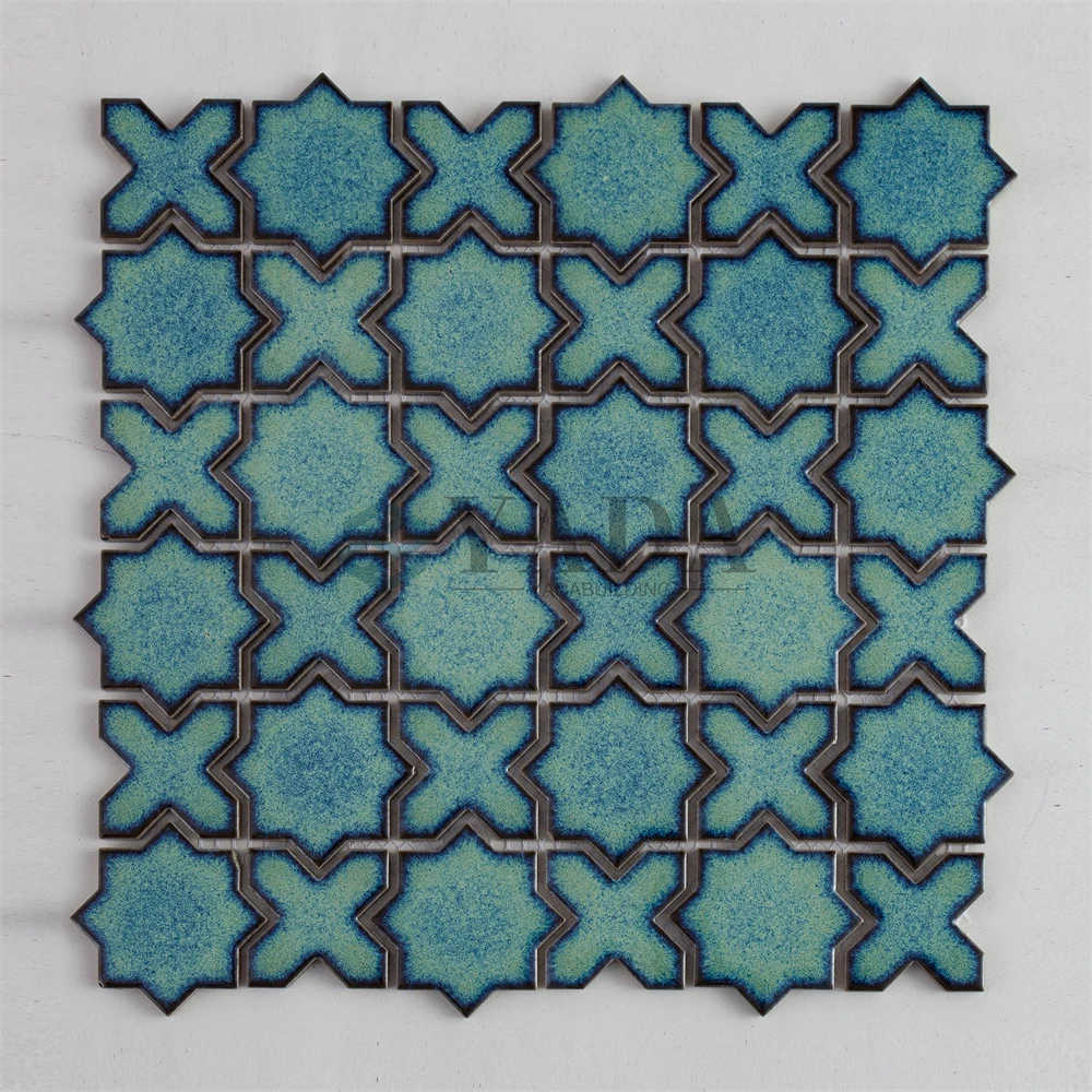 Глянцевая светло-зеленая глазурованная мозаичная керамическая настенная плитка со звездами и крестом