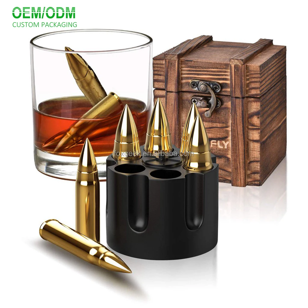 Bullet Whiskey Stones Gift Set for Men with Vintage Wooden Case Metal Stainless Steel Ice Cubes - 6 Pack  Custom Packaging
