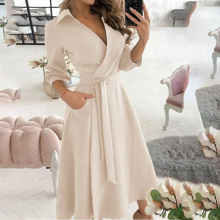 New Long Sleeve Cheap Elegant Dresses Women Casual Style Lapel Irregular Dress Ladies Summer
