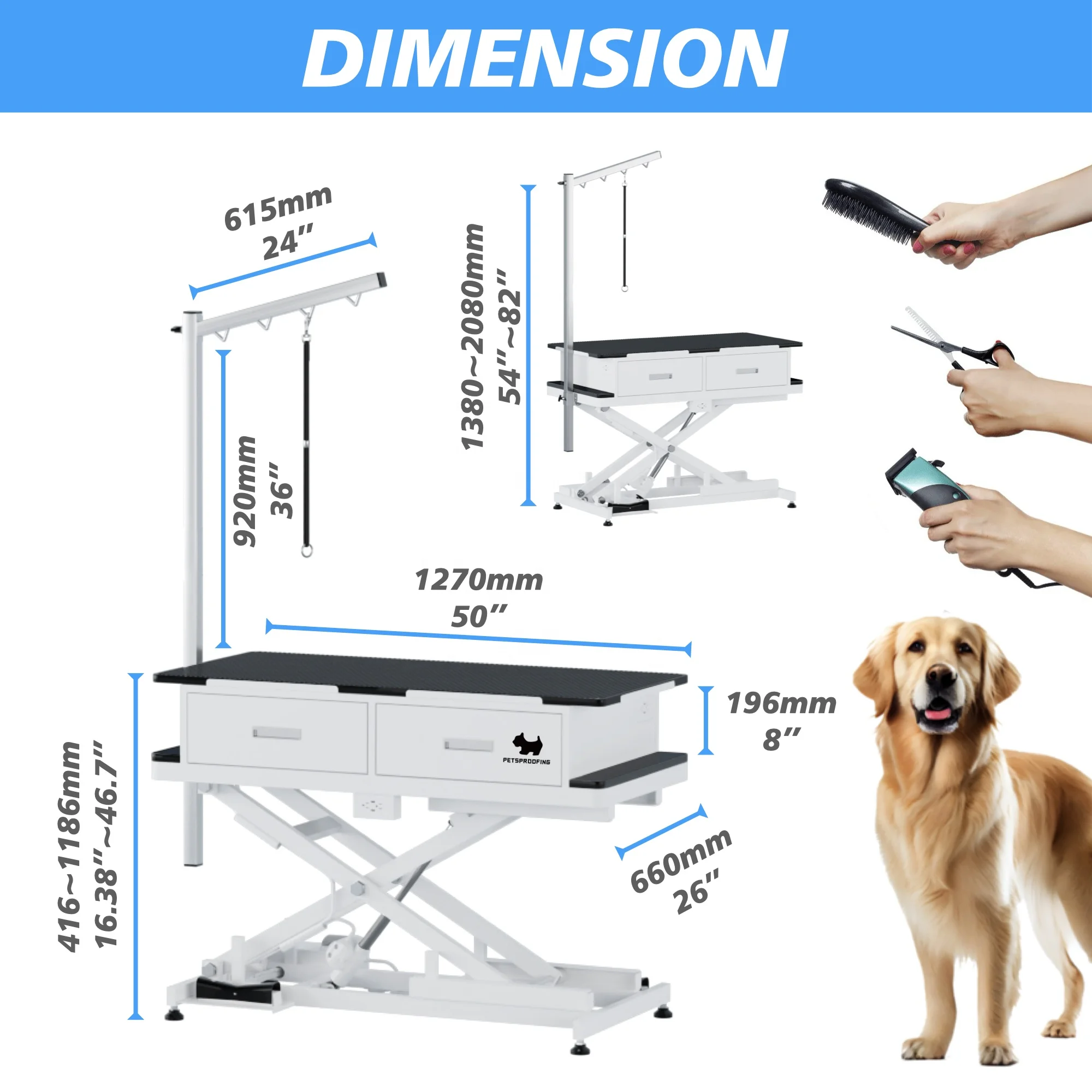 Large Portable USB Socket Electric Lifting Folding Feature Dog Grooming Table with drawers cabinet for pets
