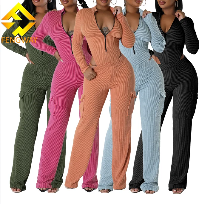 2024 Autumn Winter Women clothes Set Long Sleeve Elastic Zipper Bodysuit Top + Cargo Long Pants Suits 2 Pieces Sets for women