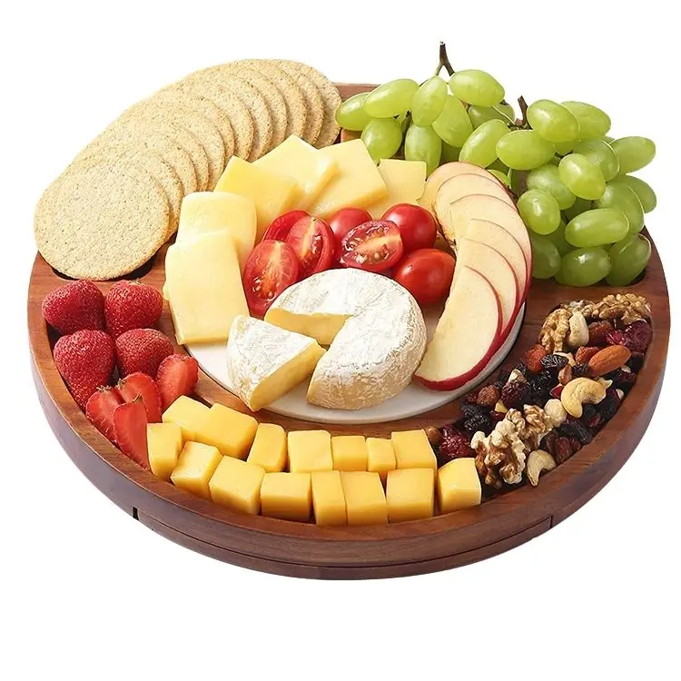 Custom logo modern round charcuterie platter set marble acacia wooden cheese board with knives