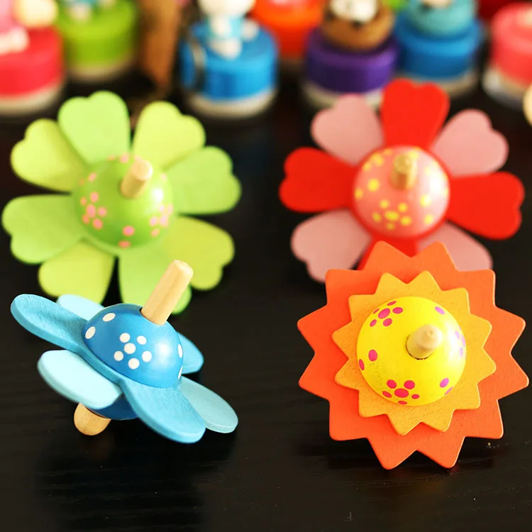 Handmade Flower Painted Wood Spinning Tops Wooden Toys Educational Toys Kindergarten Standard Tops Children Toys 1pc