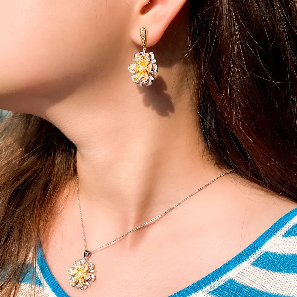 3D геометрический дизайн кубического циркония (3 оттенка переходящие плавно от темного к светлому) с серебряным покрытием серьги-подвески цветочным украшением из серьги и ожерелье для женщин обручальные кольца CZ Ювелирные наборы