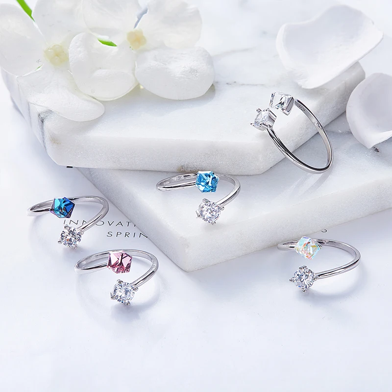 CDE YR0712-S Trendy Jewelry 2023 Unique 925 Sterling Silver Ring For Women Joyas De Plata Multi-Color Cube Rings Pink Girls Gift