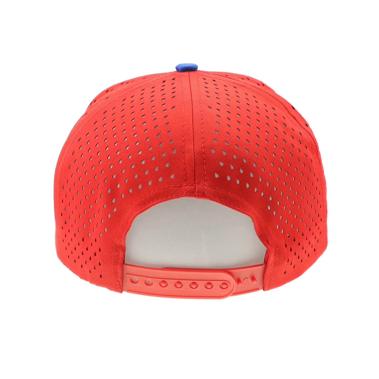 Custom 5 Panel Rubber Patch 3D Embroidery Logo Laser Cut Drilled Hole Perforated Hat Two Color Red/Navy Blue Baseball Cap