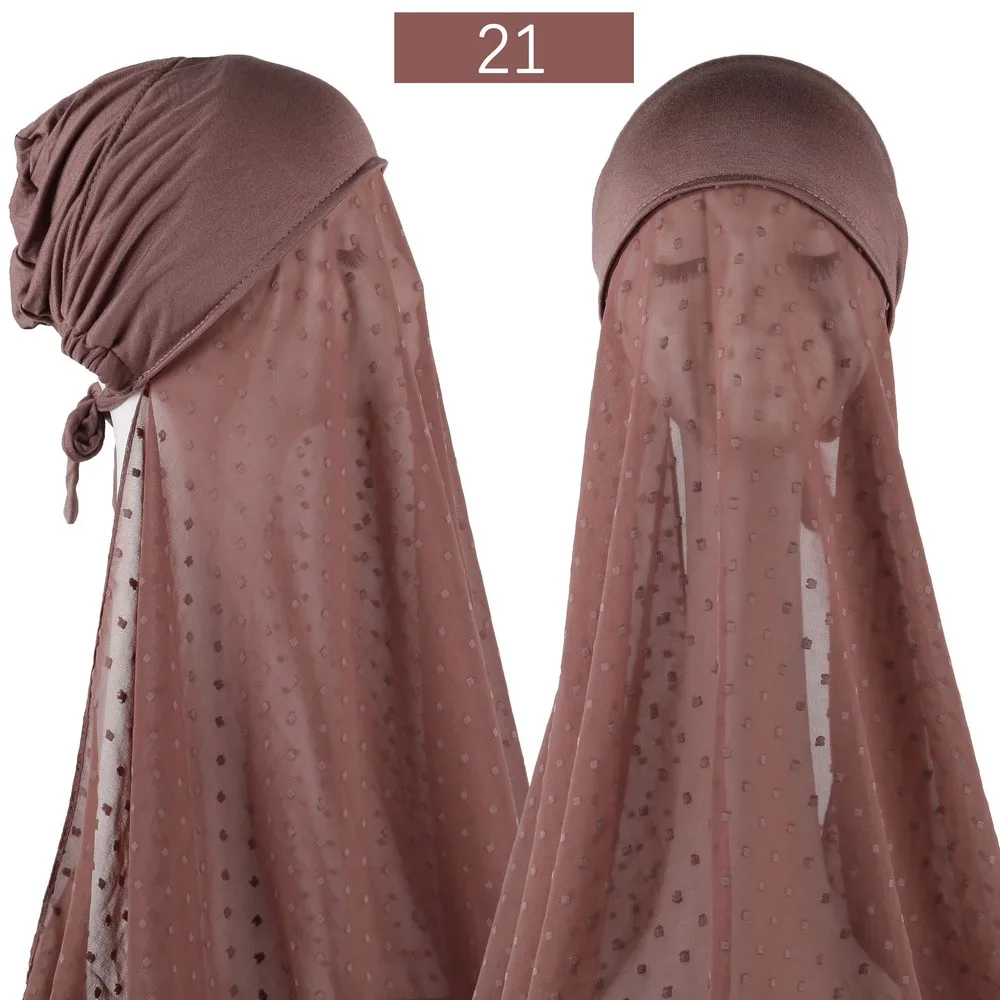 Muslim Women Pom Pom Chiffon Instant Hijab Scarf With Cap Pinless HIjabs Scarves Shawl with Under Caps Bonnet Headscarf