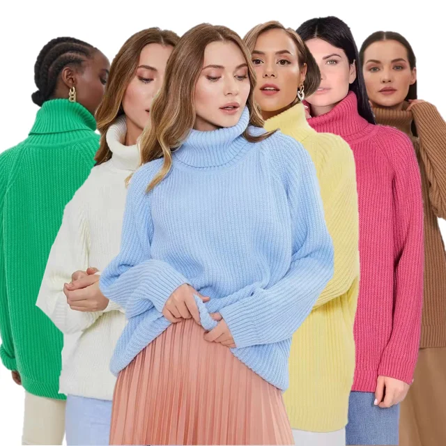 Fall/winter women Sweater Turtleneck Pullover Solid Color Loose Thick Knitted Blouse