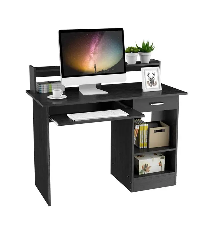 Black Computer Desk with Drawers Storage Shelf Keyboard Tray - Home Office Laptop Desktop Table for Small Spaces