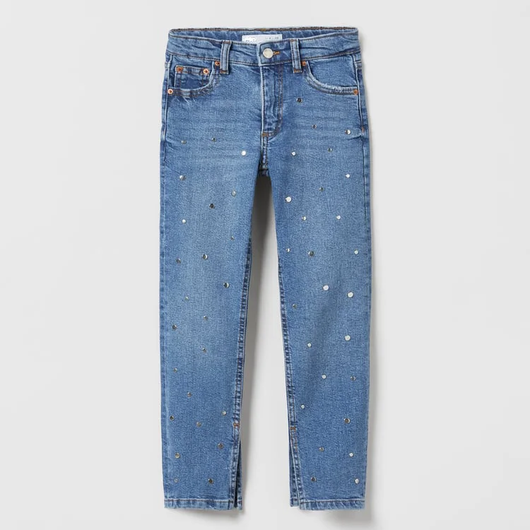 OEM Custom Fashion Studded Rivets Cotton Kids Enzyme Wash Denim Skinny Jeans Pants For Girls