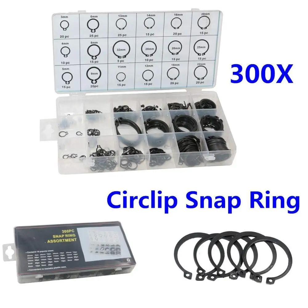 300Pcs/1 set Circlip Snap Ring C-Clip Assortment Car Kit 18 Sizes Black Retaining Ring