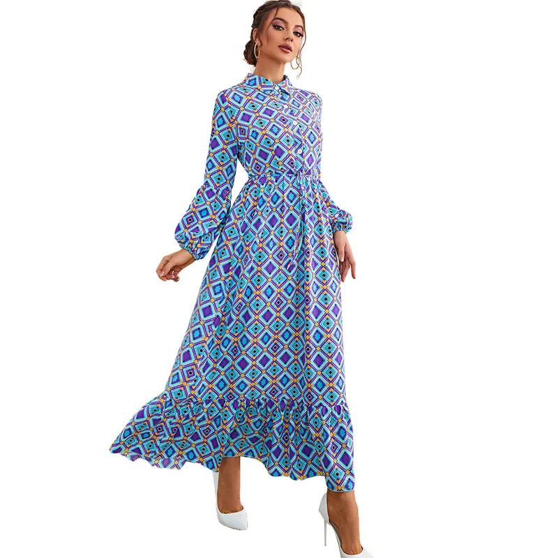 2023 New Long-Sleeved Dress European and American Retro Waist-Closed Printed A-line Long Skirts Dress Summer and Autumn Dress