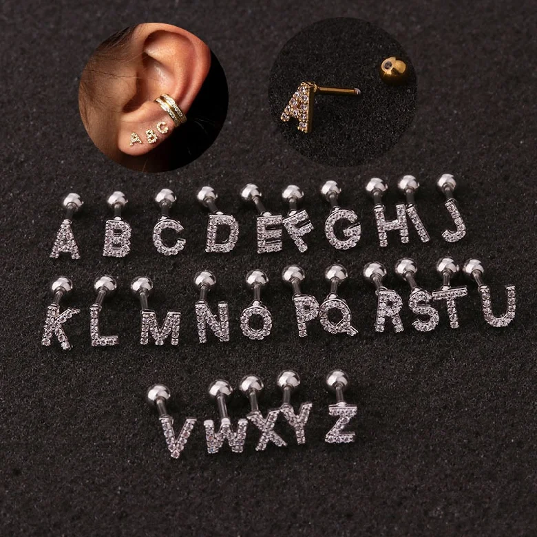 Hot Selling Jewelry Gold Plated Stainless Steel CZ 26 Letters Ear Piercing Cartilage Screw Back Stud Earring For Women