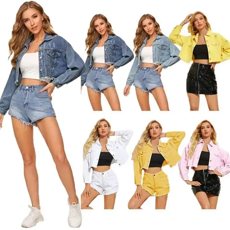 Fashion Women Blue Denim Jean Jackets Streetwear Pocket Casual Loose Pockets Coat Ladies Short Denim Jacket Tops
