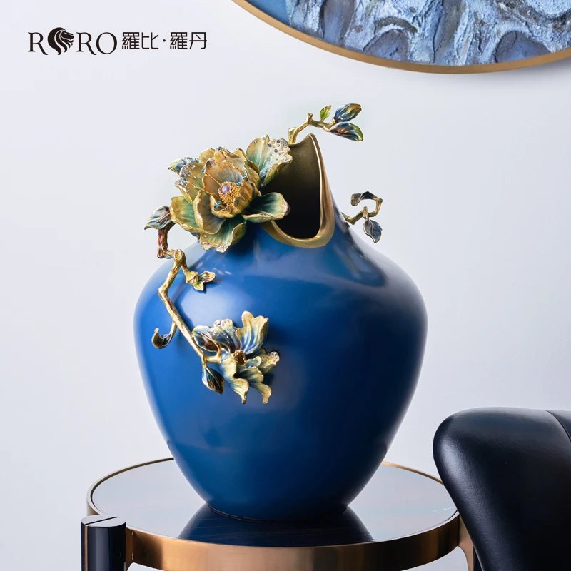 RORO Vase flower wholesale tabletop desk decorative ceramic porcelain blue round shape flower vase for living room office decors