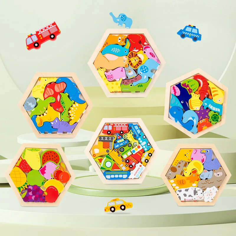 3D Painted Wooden Puzzle for Kids Montessori Teaching Animals Fruits Dinosaurs Farm Transportation Building Blocks Gift