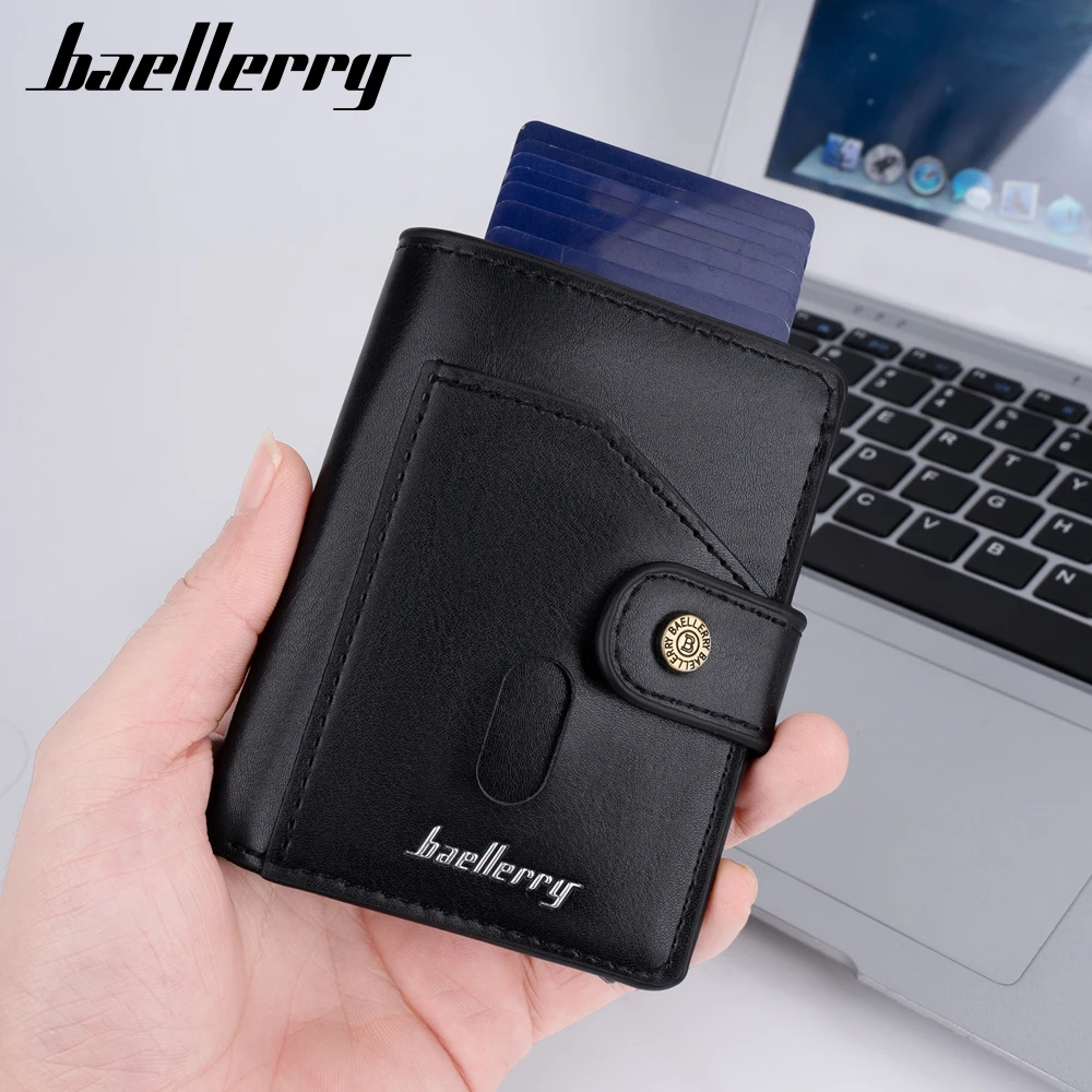 Baellerry Vintage Slim Leather Wallet Alloy Side Push Pop Card Holder RFID Auto Pop Aluminium Credit Card Holder Custom Logo
