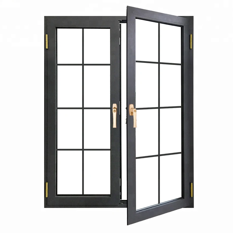 Prefab House Cheap Black Aluminum Framed French Casement Grilled Window Double Tempered Glass Price