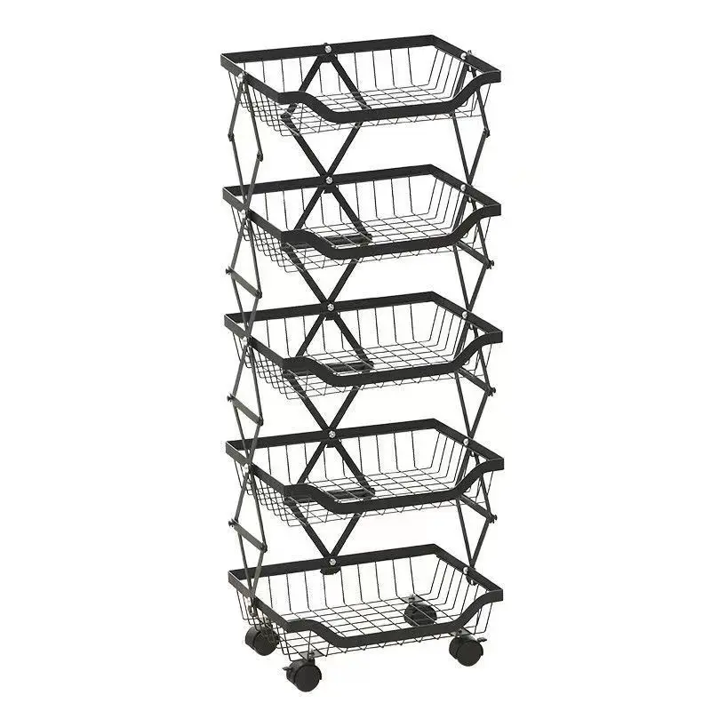 Collapsible household no-installation fruit and vegetable shelf metal debris storage rack retractable snack storage basket