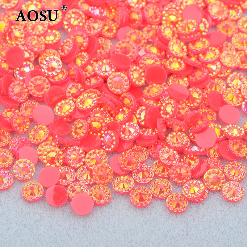 AOSU Wholesale 4mm 5mm 6mm Jelly Red AB Crystals Flatback Round Strass Flower Resin Rhinestone For Dress