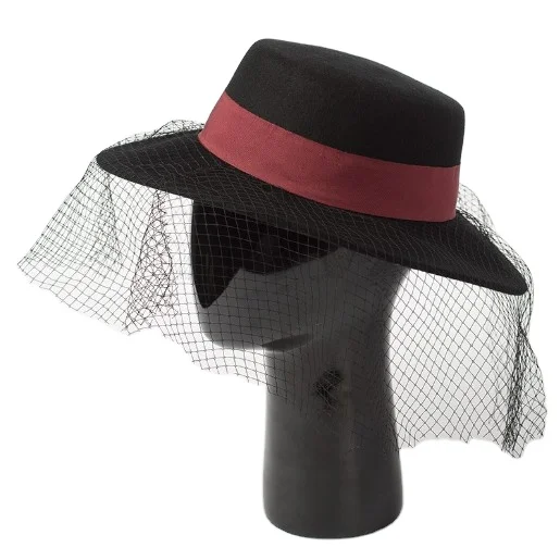 Elegant Adjustable Size 100% Wool Material Flat Top Bowler Hat With Black Veil Decoration