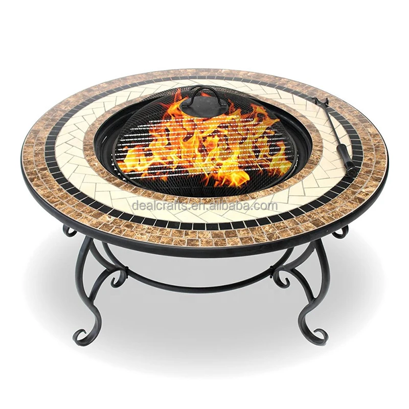 Round Outdoor Iron with Mosaic Top Fire Pit Table Marble Fire Pit