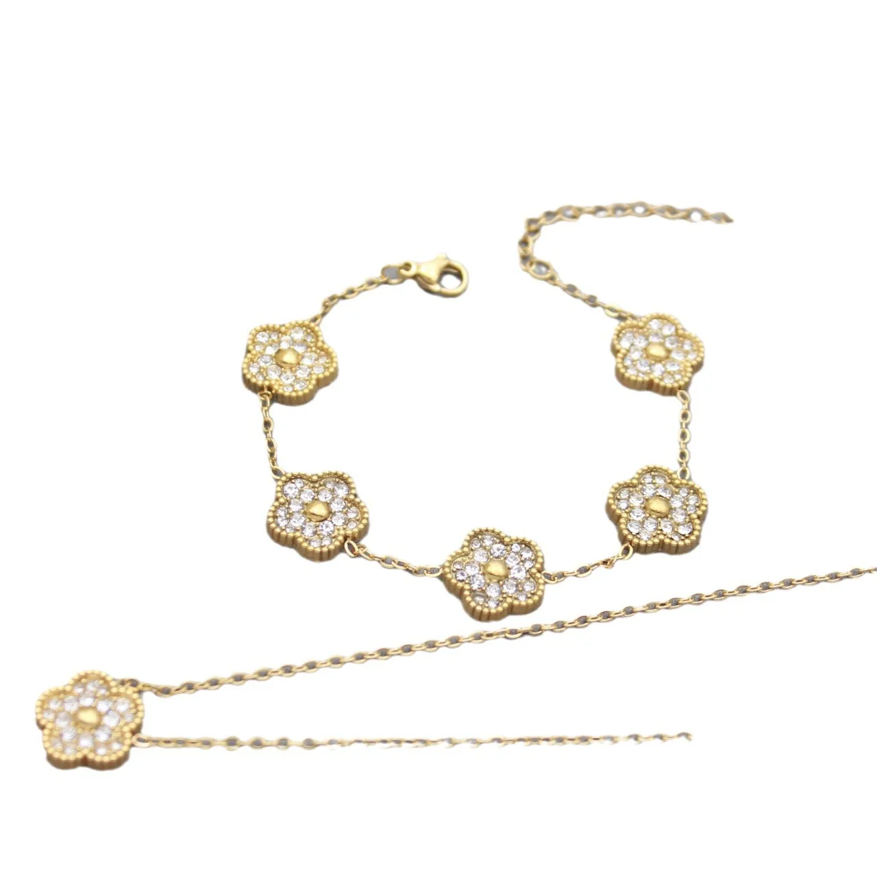 Hot Selling  Clover Five  Leaf Grass Jewelry Four Sets Popular Stainless Steel Necklace Ring Girls Jewelry Set For Women