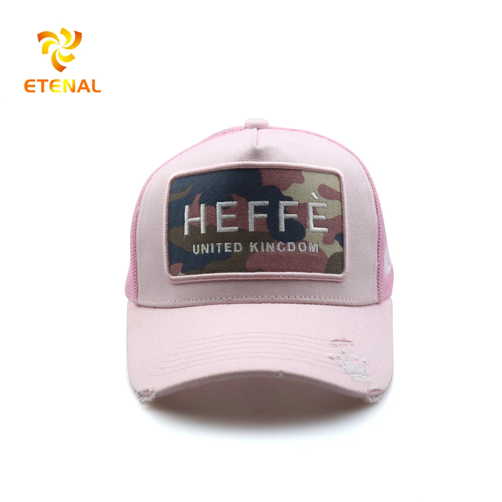 5% OFF Custom men embroidery patch distreseed baseball cap pink color trucker mesh hat
