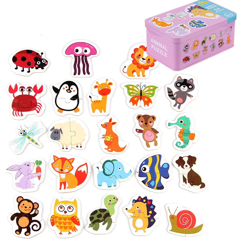Big Size Flake Baby Wooden Puzzle Early Education Animal Fruit Cognition Pair Card Puzzle Set With Metal Box For Infant Gift