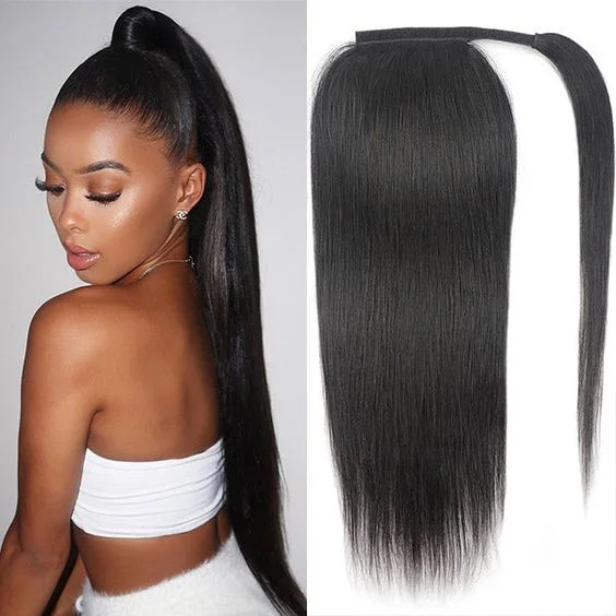 DKL 10-50 Inch Brazilian Straight Ponytail Clip-In Hair Extension Natural Color Yaki Body Wave Styles Magic Paste Wrap Stick-On