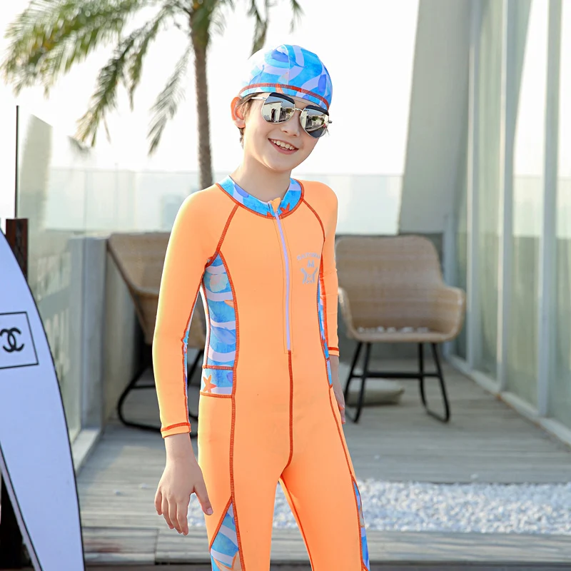 Long-sleeved trousers sunscreen waterproof children swimwear one piece swimsuit orange