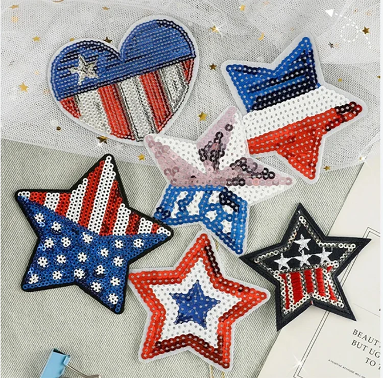 Wholesale usa letter sequin iron on patches custom usa flag chenille sequin embroidery patch For Clothes hats