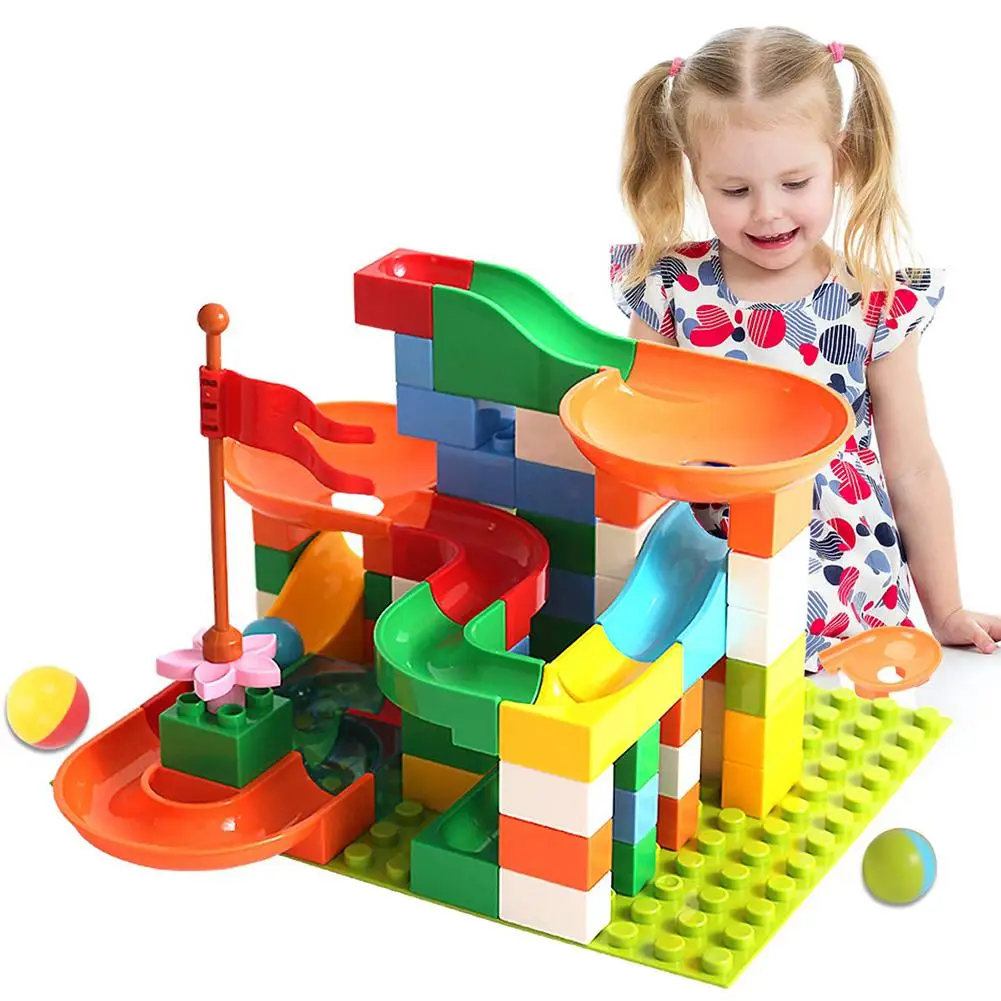 
55-110 Pieces Marble Run Building Blocks Construction Toys Set Race Track For Kids Marble Roller Coaster Blocks Toy 
