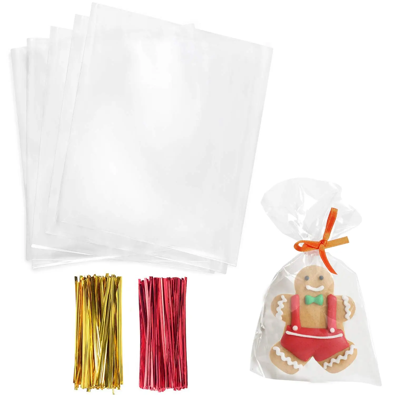 Cello Cellophane Treat Bags 4x6 Inches Cookie Bags 200 Pcs OPP Plastic Clear Treat Bags with 200 Twist Ties for Gift Wrapping