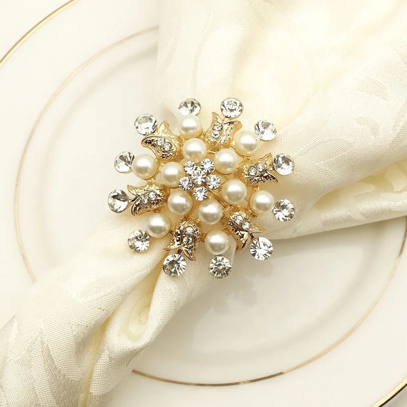 Кольца для салфеток HWP10 с золотым жемчугом и розовым цветком, металлическая пряжка для салфеток, серебряные кольца для салфеток с бриллиантами, украшение для свадебного стола